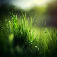 Beautiful texture of green meadow grass with dew drops close up, abstract blur natural bokeh background - Image photo