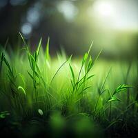 hermosa textura de verde prado césped con Rocío gotas cerca arriba, resumen difuminar natural bokeh antecedentes - ai generado imagen foto