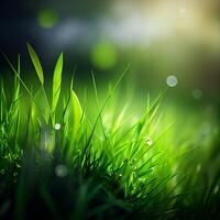 Beautiful texture of green meadow grass with dew drops close up, abstract blur natural bokeh background - Image photo