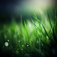 Beautiful texture of green meadow grass with dew drops close up, abstract blur natural bokeh background - Image photo