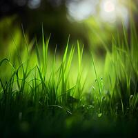 Beautiful texture of green meadow grass with dew drops close up, abstract blur natural bokeh background - Image photo