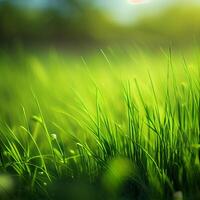 hermosa textura de verde prado césped con Rocío gotas cerca arriba, resumen difuminar natural bokeh antecedentes - ai generado imagen foto