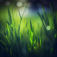 Beautiful texture of green meadow grass with dew drops close up, abstract blur natural bokeh background - Image photo