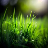 hermosa textura de verde prado césped con Rocío gotas cerca arriba, resumen difuminar natural bokeh antecedentes - ai generado imagen foto