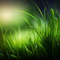 Beautiful texture of green meadow grass with dew drops close up, abstract blur natural bokeh background - Image photo