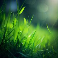 Beautiful texture of green meadow grass with dew drops close up, abstract blur natural bokeh background - Image photo