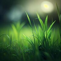 Beautiful texture of green meadow grass with dew drops close up, abstract blur natural bokeh background - Image photo