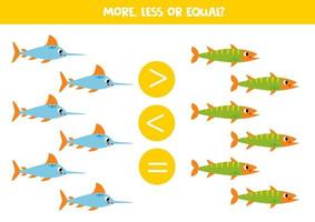 More, less or equal with cartoon cute swordfish and barracuda. vector