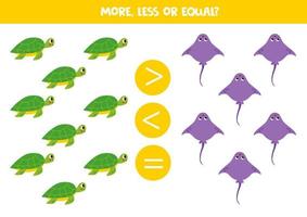 More, less or equal with cartoon cute stingray and turtle. vector