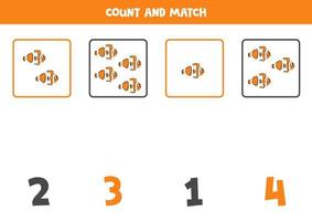 contando juego para niños. contar todas pez payaso y partido con números. hoja de cálculo para niños. vector