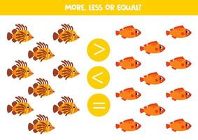 More, less or equal with cartoon cute lionfish and sea bass. vector