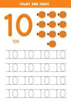 Trace numbers. Number 10 ten. Cute blowfish. vector