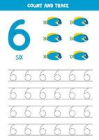 Trace numbers. Number 6 six. Powder blue tang fish. vector