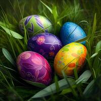 Colorful Easter eggs lying in dense green grass - image photo