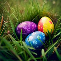 Colorful Easter eggs lying in dense green grass - image photo