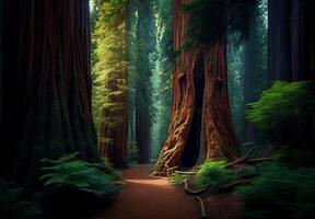 Dense forest in California, many sequoias - image photo