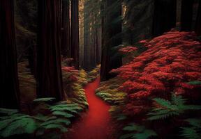 Dense forest in California, many sequoias - image photo