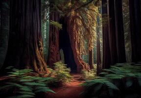 Dense forest in California, many sequoias - image photo