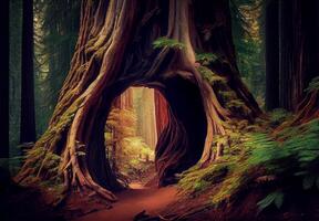 denso bosque en California, muchos secuoyas - ai generado imagen foto