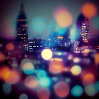 ciudad noche paisaje Bokeh, borroso ilustración, urbano paisaje a oscuridad hora - ai generado imagen foto