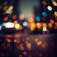 ciudad noche paisaje Bokeh, borroso ilustración, urbano paisaje a oscuridad hora - ai generado imagen foto