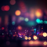 ciudad noche paisaje Bokeh, borroso ilustración, urbano paisaje a oscuridad hora - ai generado imagen foto