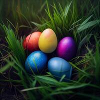 Colorful Easter eggs lying in dense green grass - image photo