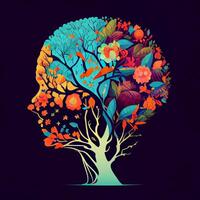 humano cerebro árbol con flores y mariposas, concepto de yo cuidado, mente, ideas, creatividad - ai generado imagen foto