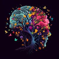 Human brain tree with flowers and butterflies, concept of self care, mind, ideas, creativity - image photo