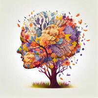 Human brain tree with flowers and butterflies, concept of self care, mind, ideas, creativity - image photo