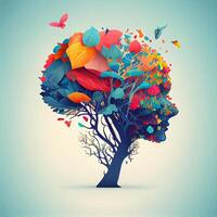 humano cerebro árbol con flores y mariposas, concepto de yo cuidado, mente, ideas, creatividad - ai generado imagen foto