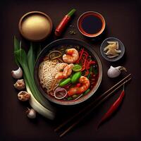 Beautiful varied Asian food on a dark background - image photo