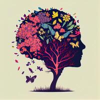 humano cerebro árbol con flores y mariposas, concepto de yo cuidado, mente, ideas, creatividad - ai generado imagen foto