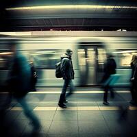 subterraneo estación, exceso de velocidad rápido tren, personas corriendo a el eléctrico tren, borroso antecedentes - ai generado imagen foto