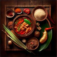 Beautiful varied Asian food on a dark background - image photo