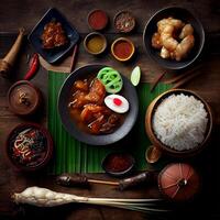 hermosa variado asiático comida en un oscuro antecedentes - ai generado imagen foto