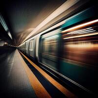 subterraneo estación, exceso de velocidad rápido tren, personas corriendo a el eléctrico tren, borroso antecedentes - ai generado imagen foto