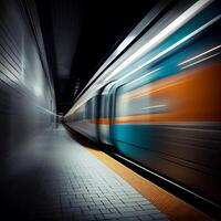 Subway station, speeding fast train, people rushing to the electric train, blurred background - image photo