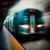 subterraneo estación, exceso de velocidad rápido tren, personas corriendo a el eléctrico tren, borroso antecedentes - ai generado imagen foto