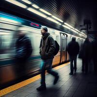 subterraneo estación, exceso de velocidad rápido tren, personas corriendo a el eléctrico tren, borroso antecedentes - ai generado imagen foto