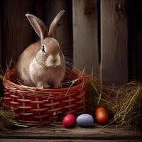 Fluffy Easter bunny with a basket of festive Easter eggs - image photo