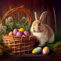 Fluffy Easter bunny with a basket of festive Easter eggs - image photo