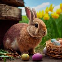 Fluffy Easter bunny with a basket of festive Easter eggs - image photo