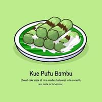 Kue putu or sweet coconut cake with brown sugar cooked in bamboo Indonesia traditional dessert vector