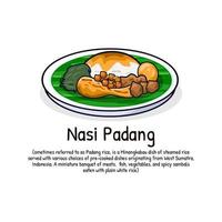 Padang rice complete side dish with rendang famous traditional Indonesian food vector