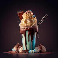 Stylish beautiful fruity milkshake, chocolate drop splashes - image photo