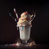 Stylish beautiful fruity milkshake, chocolate drop splashes - image photo