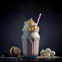 Stylish beautiful fruity milkshake, chocolate drop splashes - image photo