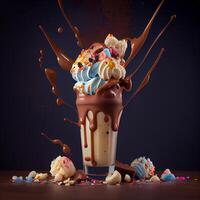 Stylish beautiful fruity milkshake, chocolate drop splashes - image photo