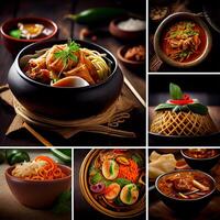 Beautiful varied Asian food on a dark background - AI generated image photo